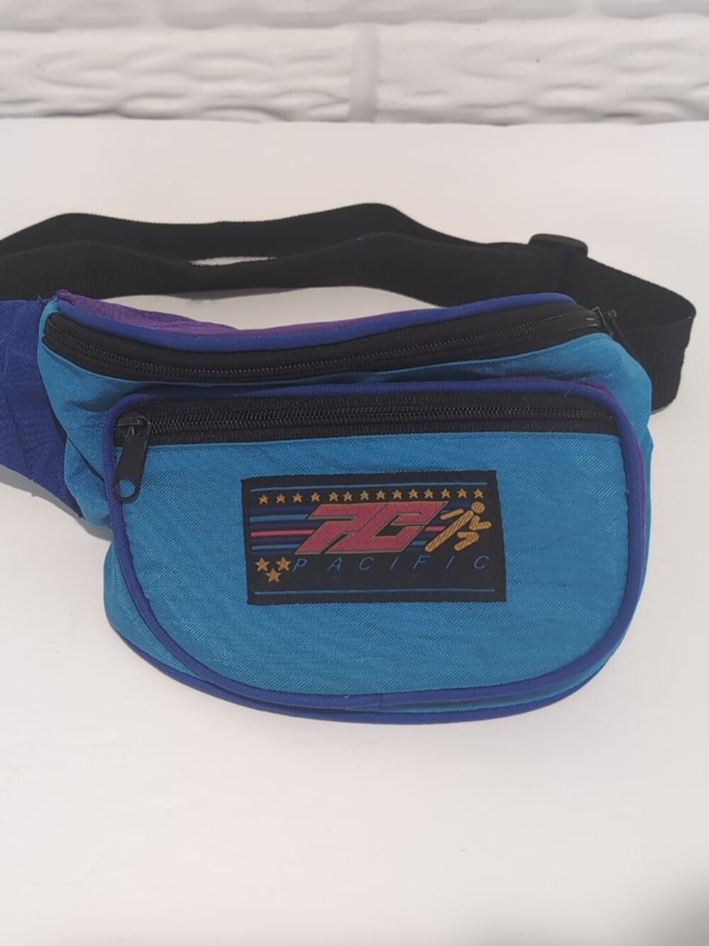 Vintage 90s Fanny Pack Pacific Sport Blue Purple Waist Nylon 3 Zip Pockets Race